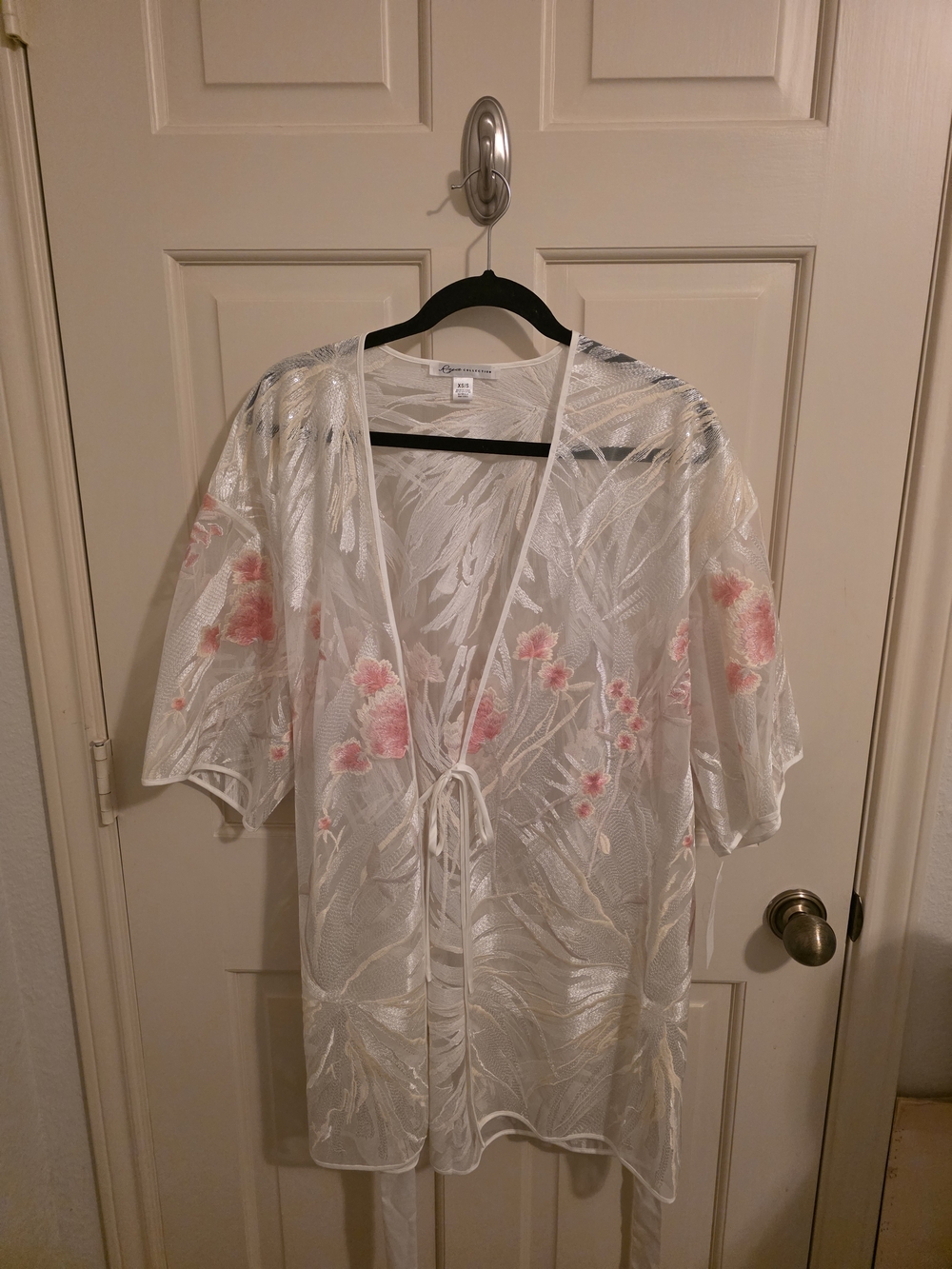 Ria Collection Sheer Floral Kimono Robe - White with Pink Embroidery & Sequins